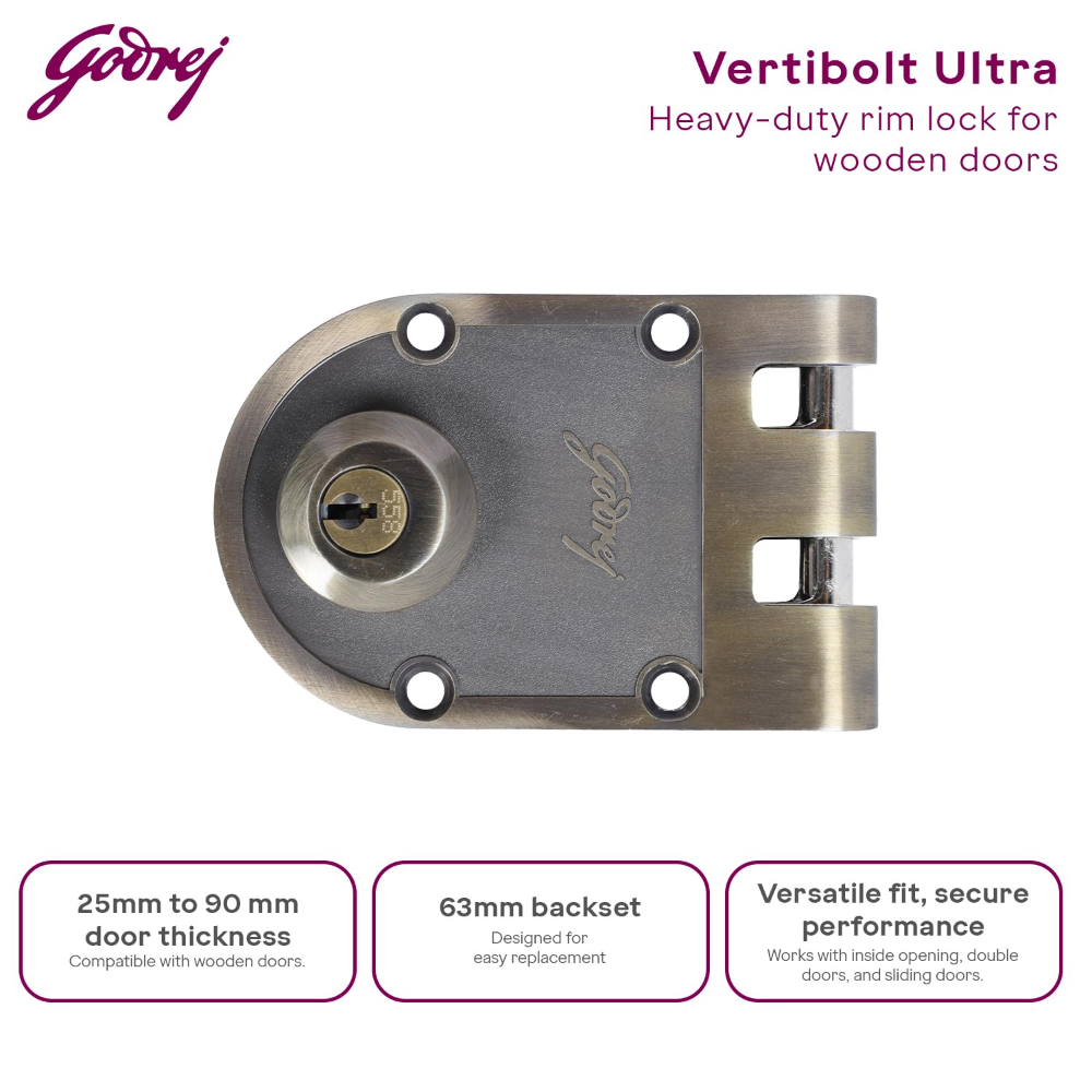 Godrej Rim Lock | Vertibolt Ultra Lock For Wooden Main Door | 2C Deadbolt | 14 Pin Cylinder | For Inside Opening or Double Dooror Sliding Door | 4 Keys | 5 Yr Warranty | Manual Locking | Antique Brass